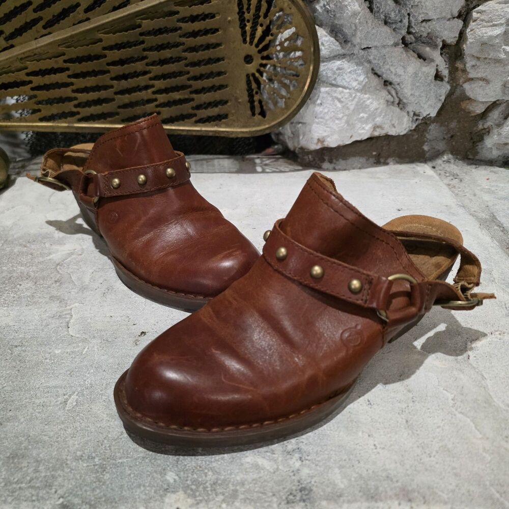 BORN Hudson Women's 7 Leather BOHO Slingback Brown Clogs Heels Shoes Western